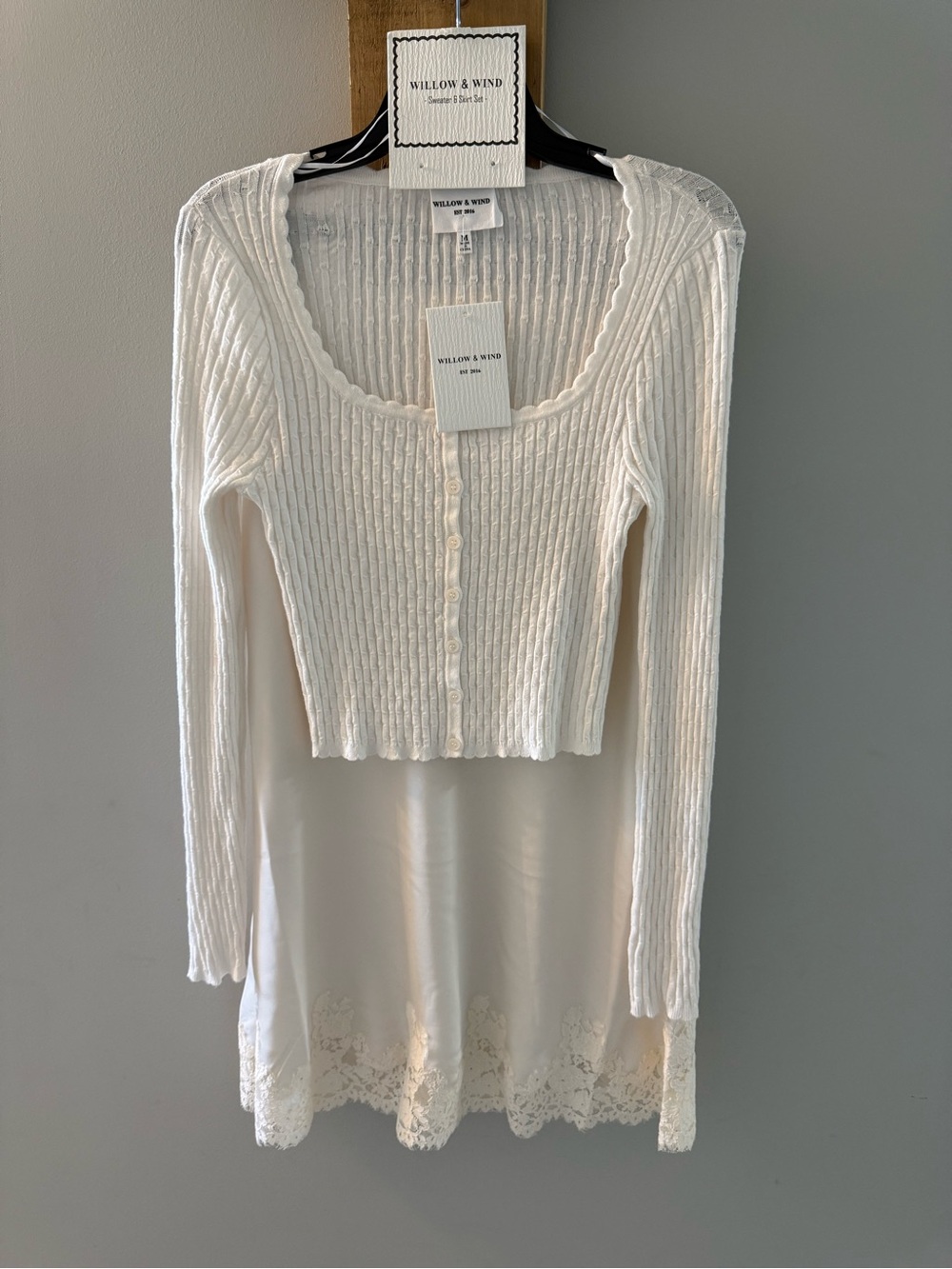 Cream Sweater with Silky Skirt and Floral Embellishments, NWT